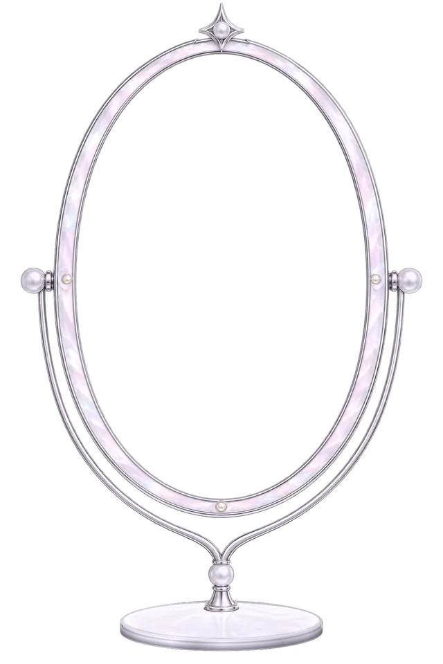 A tall silver and pearl oval mirror on a slim stand. Through the glass, a corner of Miia's sunlit room.